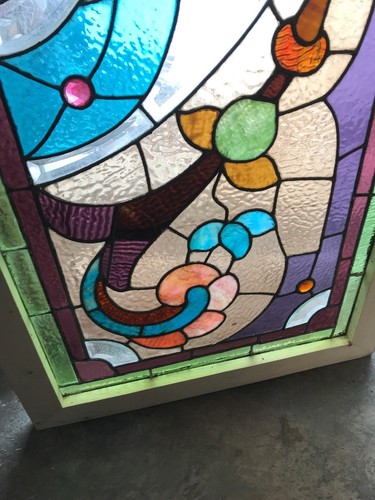 Sg 2653 antique stain jeweled beveled transom window 26.25 x 64.75