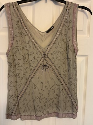Unique Beautiful Stylish Bead, Embellished Tan Tank Top Size L