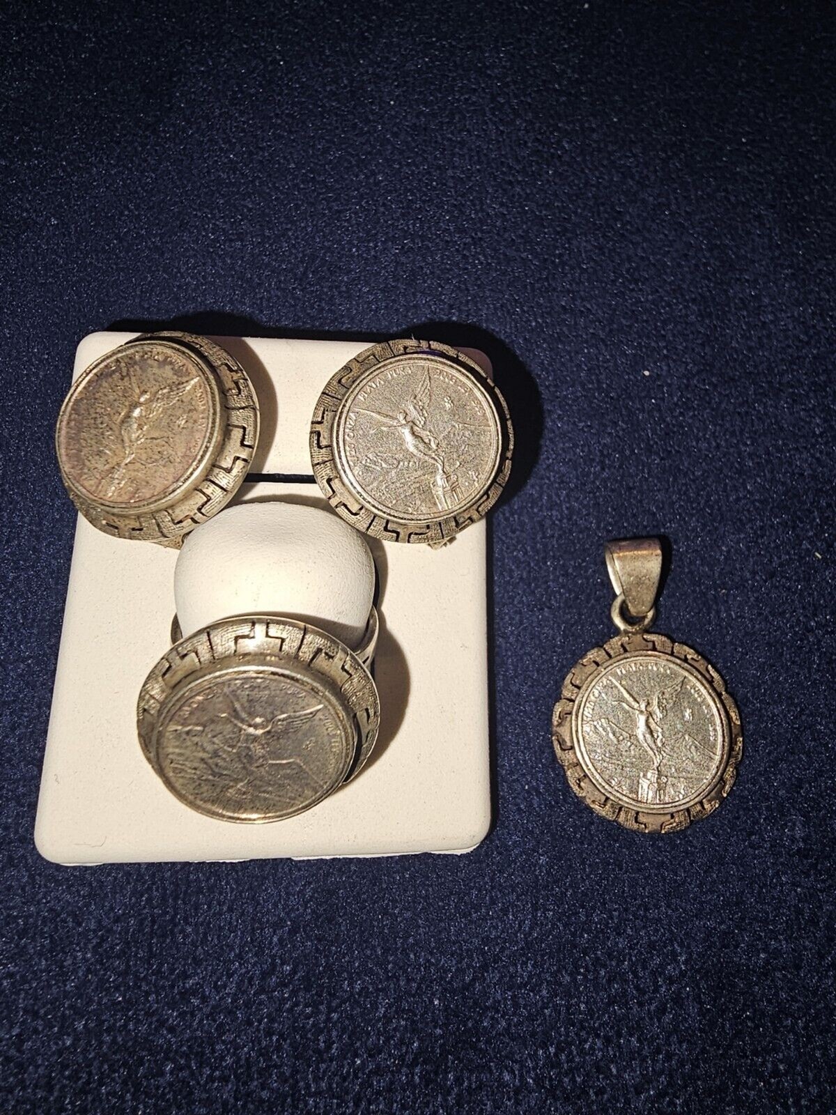 Mini Moneda Libertad Mexicana Charm Ring Earring Set 925 Silver Jewelry