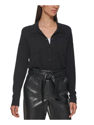 

CALVIN KLEIN Женский черный вязаный топ в рубчик с длинными рукавами и острым воротником на пуговицах