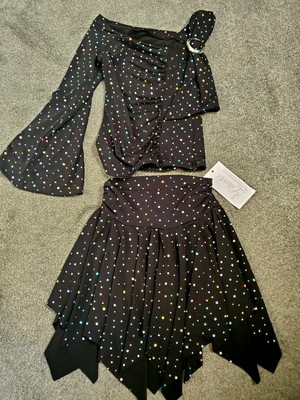 Girl's 2 Piece Dance Tap Dress Black w/ Mirrored circles Skirt Size Child Medium