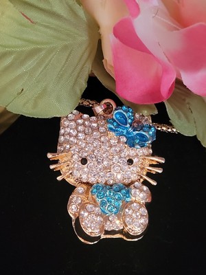 LARGE 3D LOVE HELLO KITTY Betsey Johnson BLUE HEART GOLD PENDANT  Necklace NWT