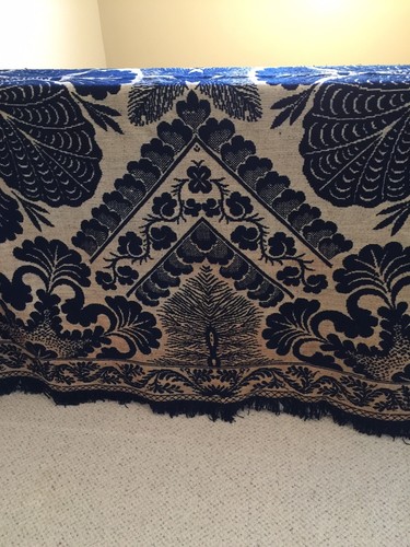 ANTIQUES 1800’s NAVY AND CREAM LARGE WOOL COVERLET, EXCELLENT CONDITION