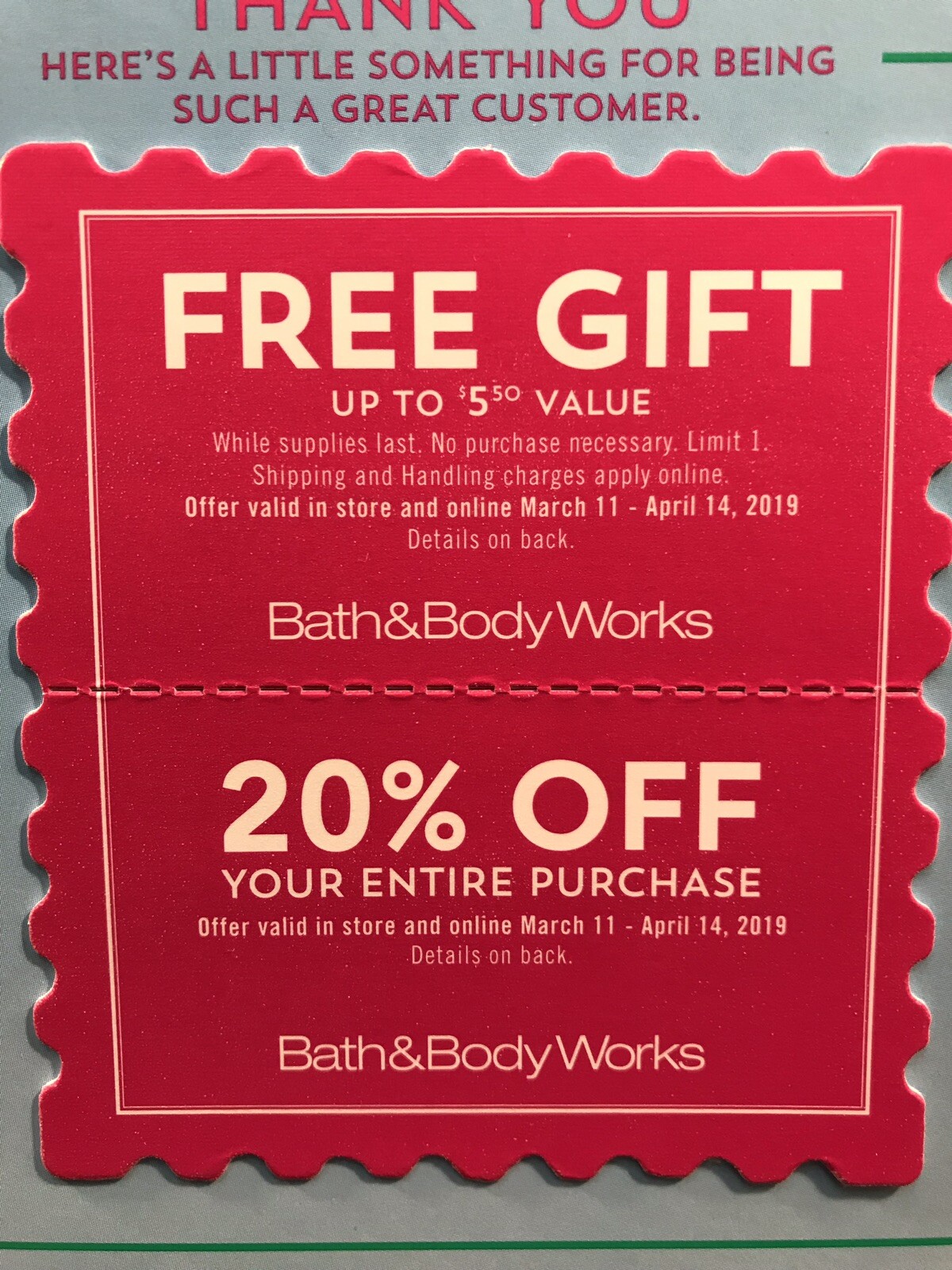 2 BATH And BODY Works COUPONS ~ $5.50 GIFT + 20% OFF ENTIRE PURCHASE = Exp 4/14