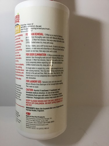 NATURE'S MIRACLE URINE DESTROYER 1 QT 32 FL OZ Stain and odor remover NEW-