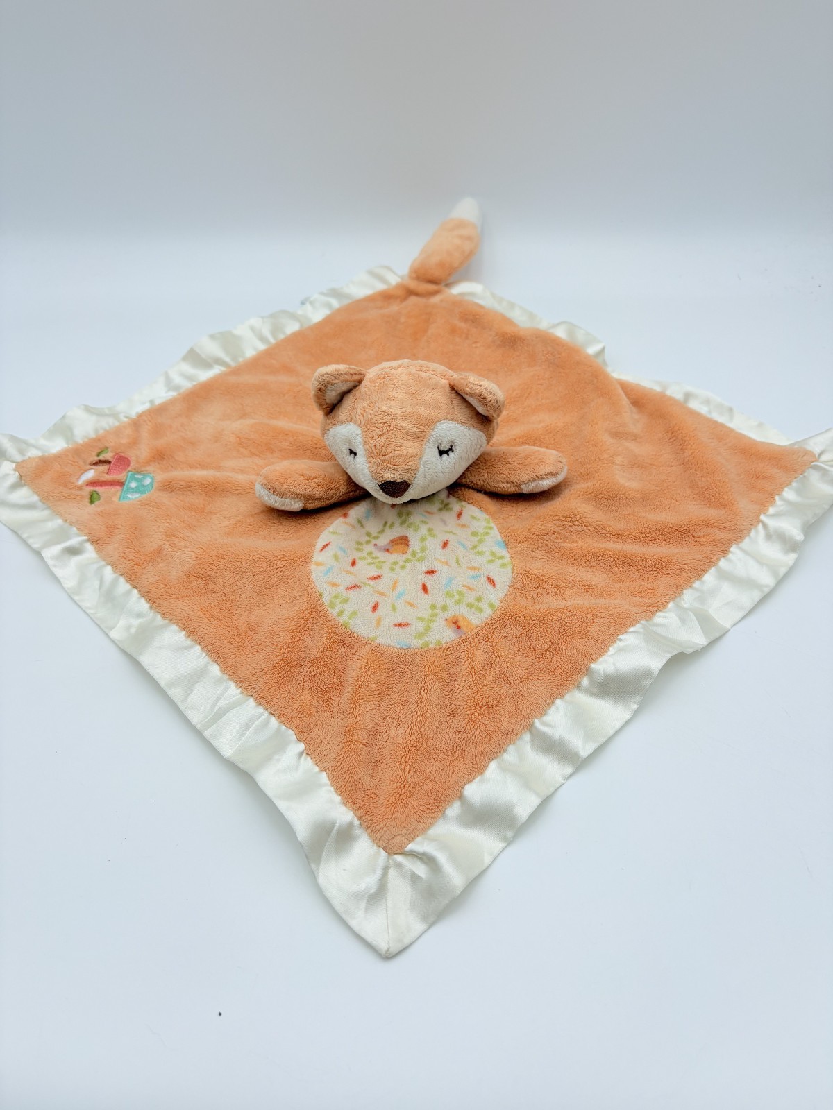 Douglas Baby Fox Plush Orange Satin Trim Baby Lovey Nursery Toy Mushrooms Leaves