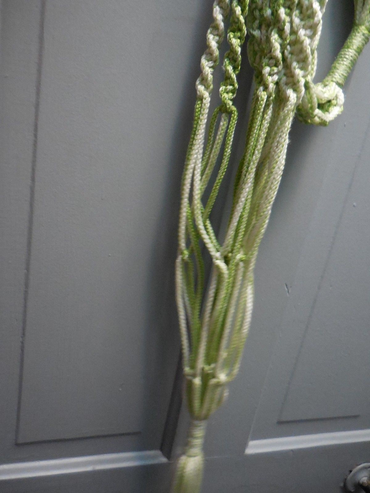 Vintage Macrame Plant Hanger Green and White 63