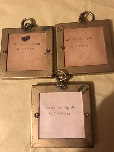 VINTAGE SET OF 3 METAL SQUARE FRAME WITH  FLORAL PICTURES MADE IN SPAIN RARE !!