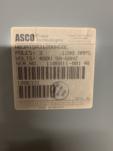 ASCO 1200 AMP 300 Series 3 Pole 480V
