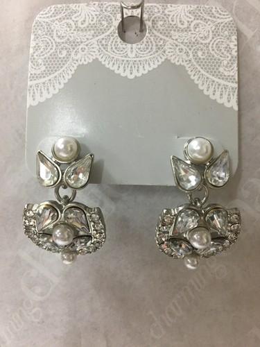 Charming Charlie RSVP Bridal Rhinestone Dangle Earrings Silver Pearl Drop Flower