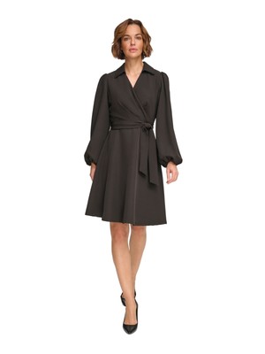 DKNY Womens Black Self-tie Belt Blouson Sleeve Above The Knee Faux Wrap Dress 2