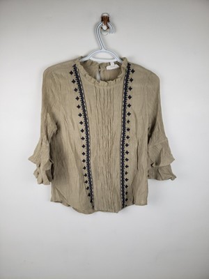Mine Top Bohemian Long Sleeve Ruffle Embroidered Tan Navy Accent Womens Size M
