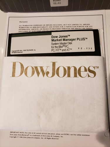 Vintage 1980's Dow Jones Market Manager Plus Software 5.25
