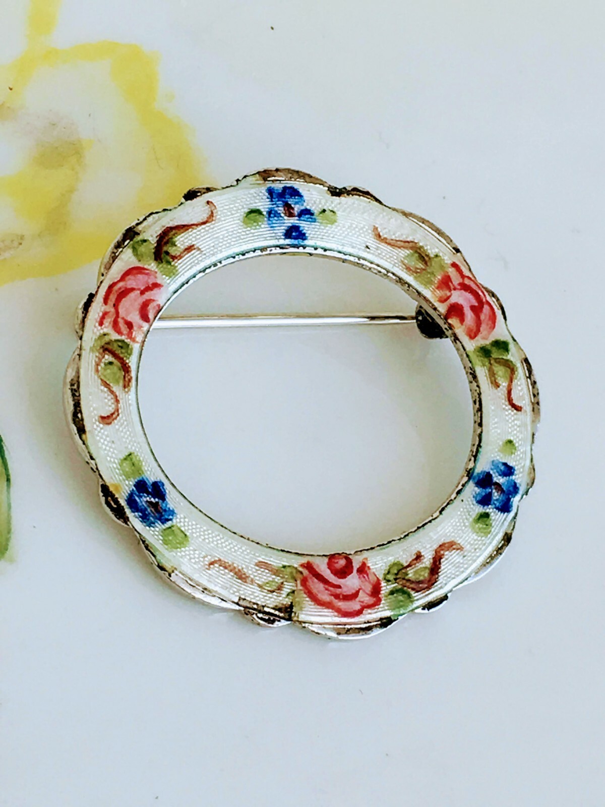 Vintage Lamode Sterling Guilloche Enamel Rose Flowers Floral Pin Brooch