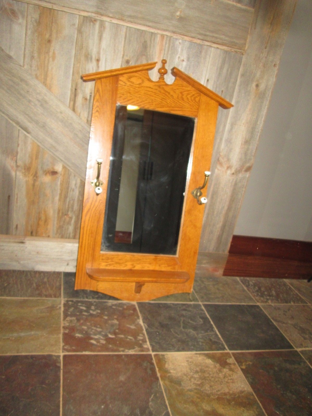 Antique Arts & Crafts Oak Framed Wall Mirror w/2 Brass Hooks = shelf 39