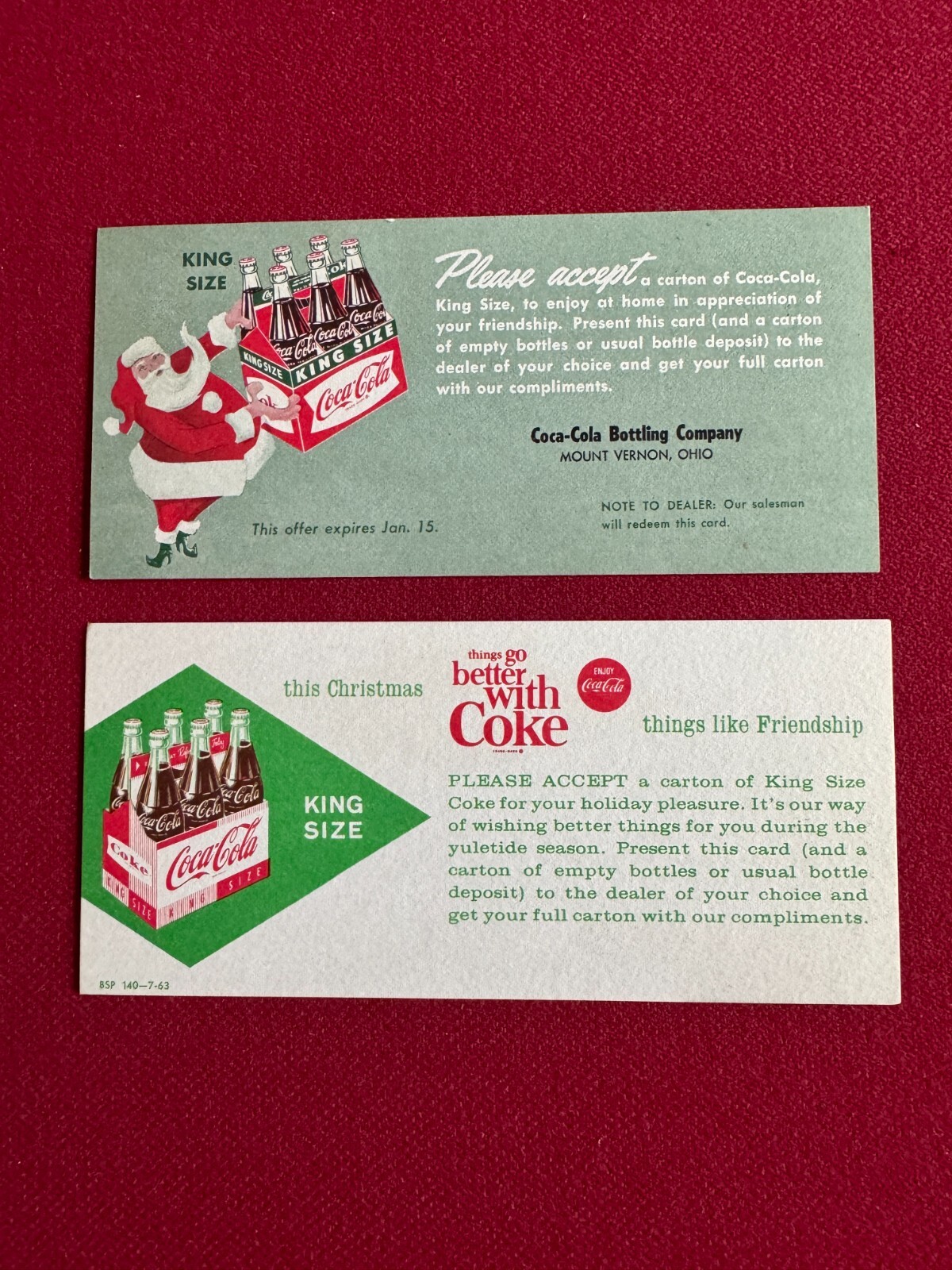 1963, Coca-Cola, (2) Free 6-Pack Coupons (Santa) Scarce