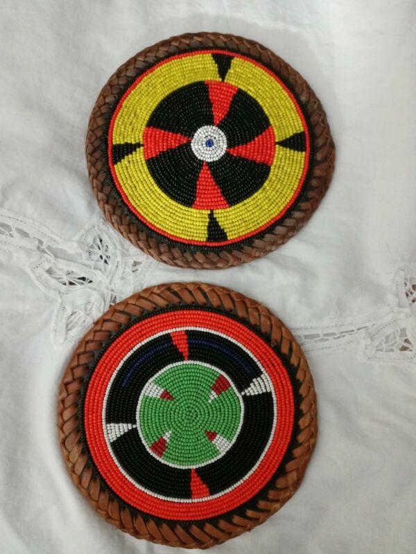 Lot Of 2 Beaded Leather Discs. Vintage Native American? Trivets?  6"