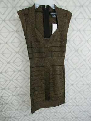 New French Connection Dress Size 2 Black Gold Cap Sleeve Back Zipper Party Sexy 