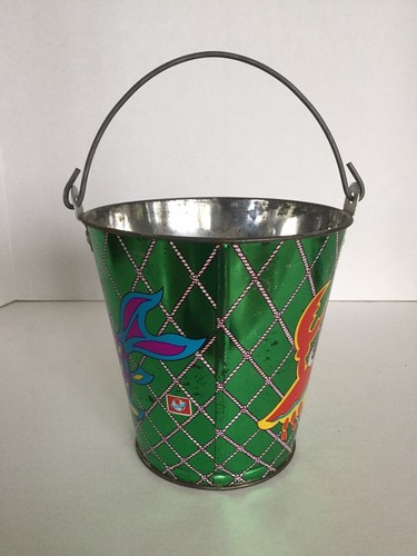 Vintage Ohio Art Co. Tin Litho Large Sand Pail, Green With Fish, Crab & Turtle