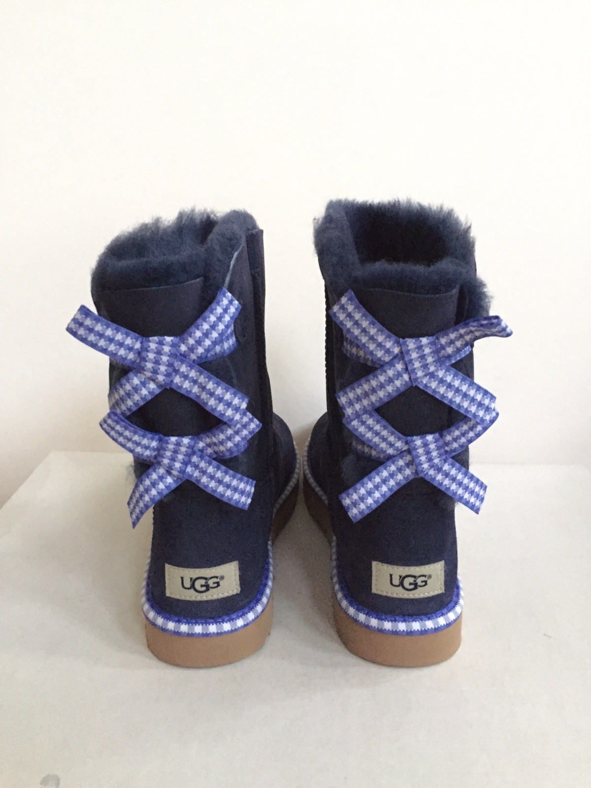 UGG CLASSIC SHORT BAILEY BOW GINGHAM NAVY BOOT US 5 EU 36 UK 3.5