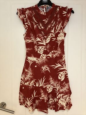 Oasis Size 8 Linen Dress Red White Floral Ruffles Short Summer