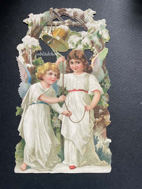 # Glanzbilder # Ef 5128 Bild - Karte / Riesenoblate : 2 Engel  Mit Glocke
