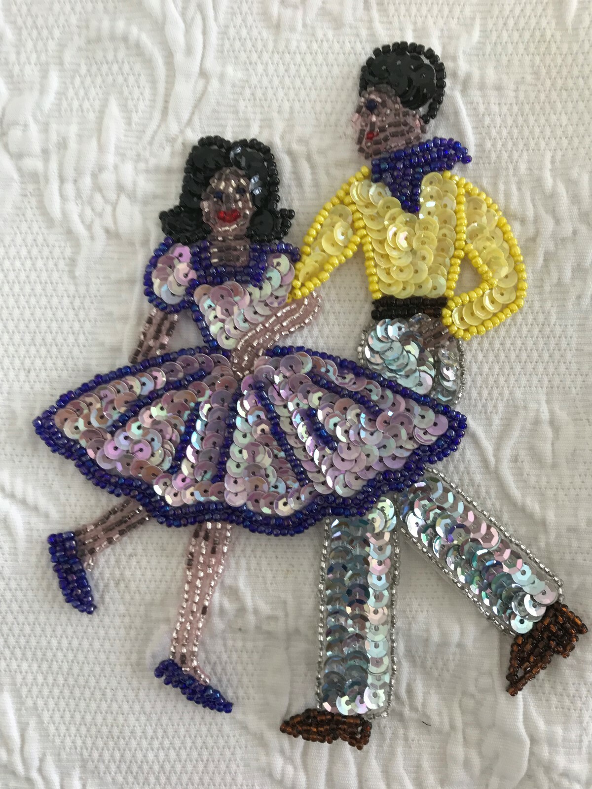 square dance applique dance couple sequined beaded 6.5x4.5 purple yellow silver