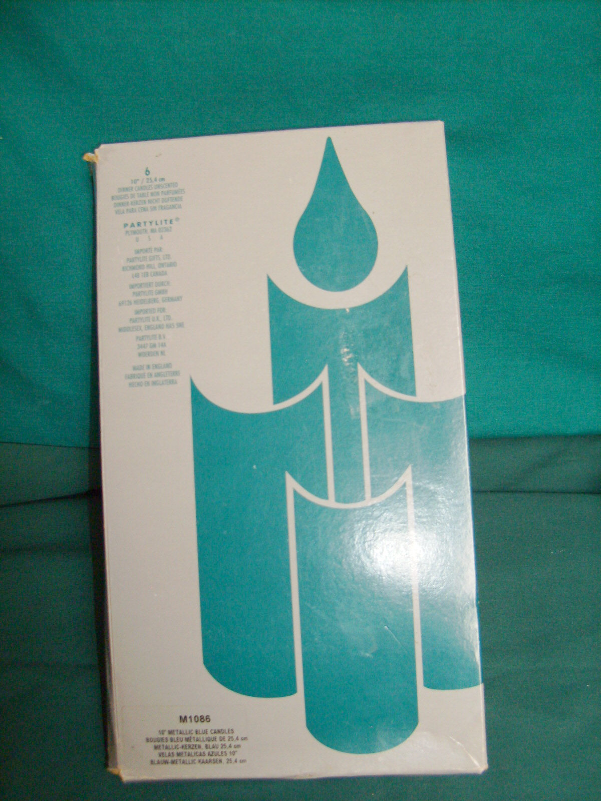 6 PARTYLITE METALLIC BLUE CANDLES IN BOX 10 IN.