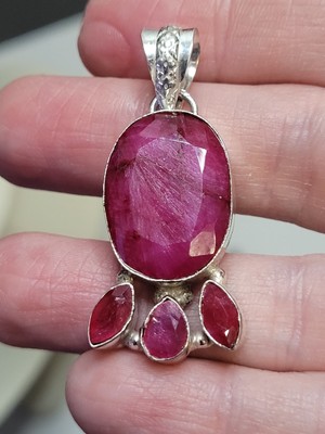 VTG Estate Huge 925 Sterling Silver Pink 4 Stone Faceted Ruby Oval Pendant 