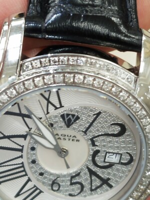 Pre-owned Aqua Master Men's W127 1.7ct Round 2 Row Diamond Bezel Leather Quartz Watch In Silver