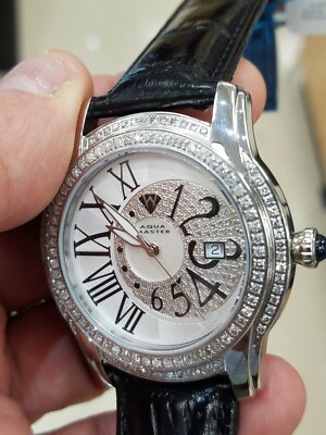 Pre-owned Aqua Master Men's W127 1.7ct Round 2 Row Diamond Bezel Leather Quartz Watch In Silver