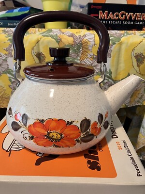 Vintage Sanko Ware Show Pans Tea Coffee Kettle Orange Poppy Flower Japan NIB!