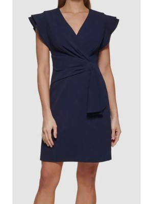 DKNY Womens Navy Side-drape Flutter Sleeve Short Party Sheath Dress 10