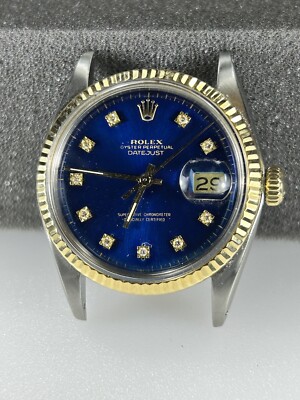 Gents Rolex Datejust SS/18KT YG Watch W/Blue Diamond Dial, Fluted Bezel REF 1601