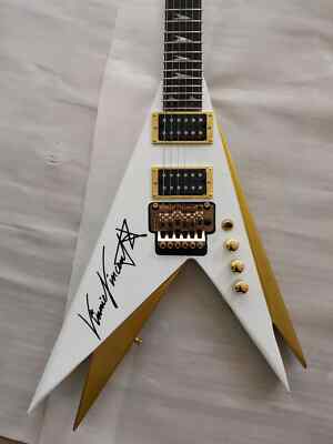 Rare Double V Kiss Vinnie Vincent Pearl White Gold Flying V Electric Guitar