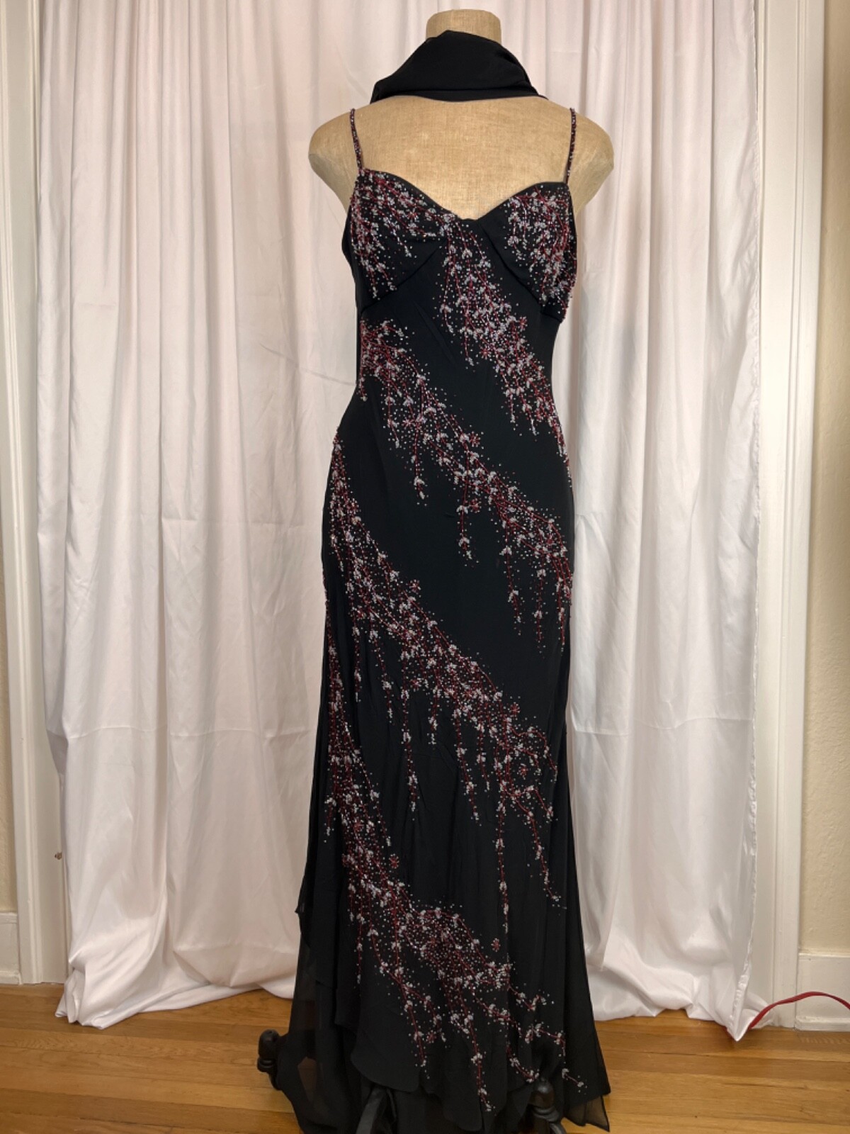 Sue Wong Nocturne Black Beaded Asymmetrical Hem Maxi Dress