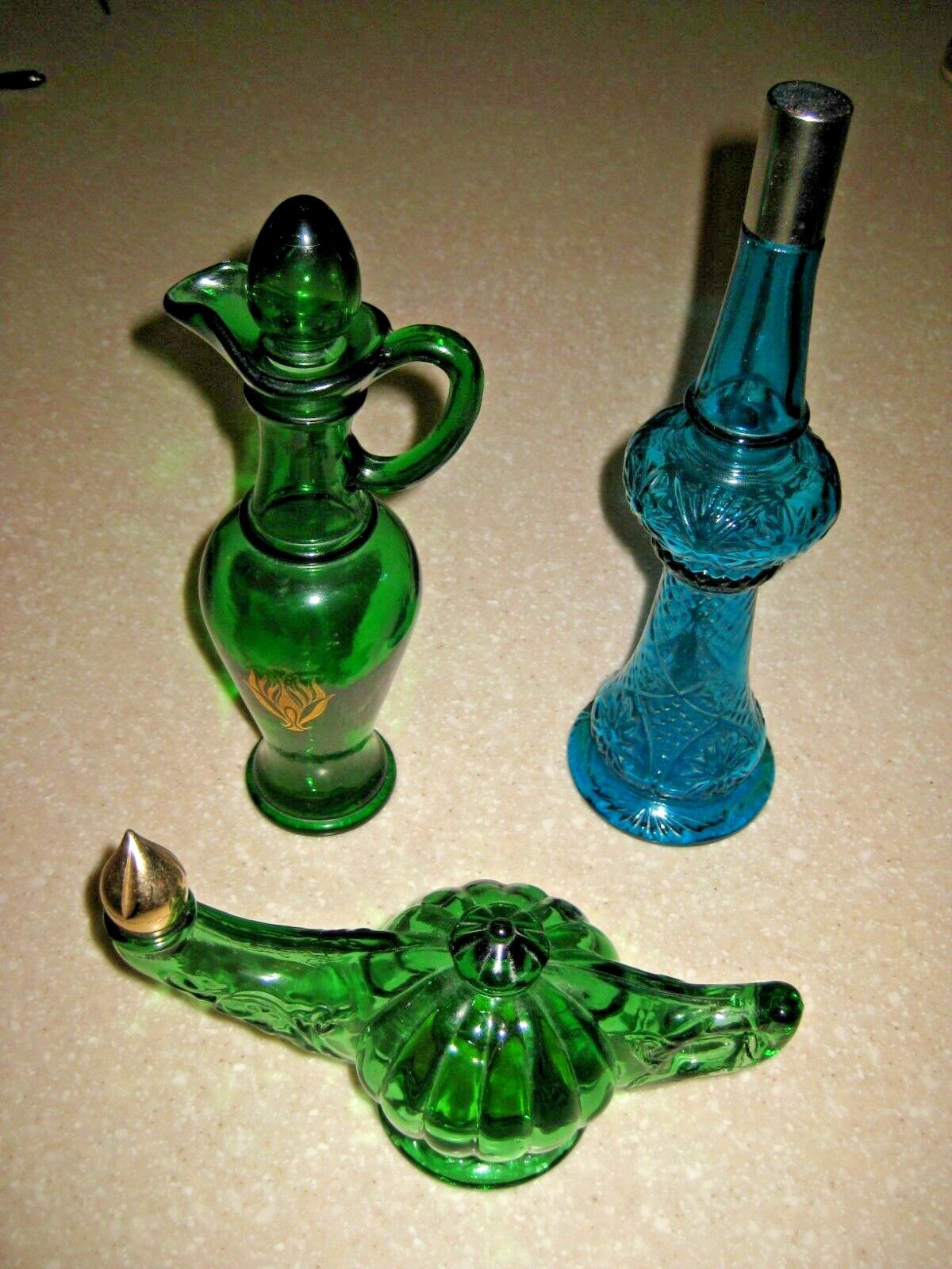 3 Vintage Avon Colored Glass: Nile Green Bath Oil Urn, Genie & Jeanne Bottles