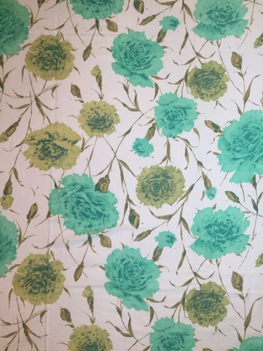 1.75 Yds Mid Century COTTON SATEEN FABRIC Carnation Print Olive Green Aqua White