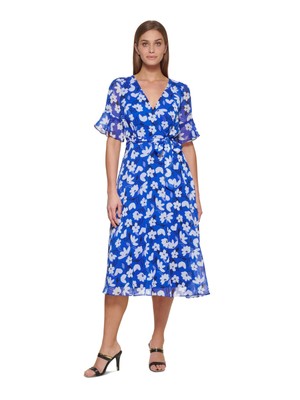 

DKNY Женское синее платье с короткими рукавами и подкладкой ниже колена с поясом и искусственным запахом, Синий