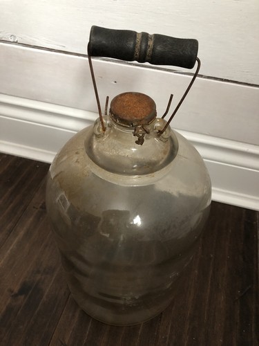 Vintage Glass Moonshine Whiskey Jug Bottle Wooden Handle Rustic Decor