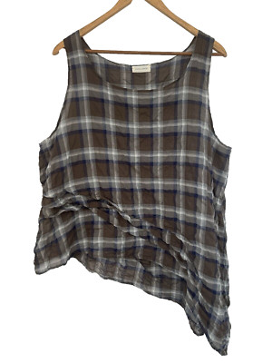 Krista Larson Tank Top Blouse One Sz Art Lagenlook Ruffle Asymmetric Brown Plaid