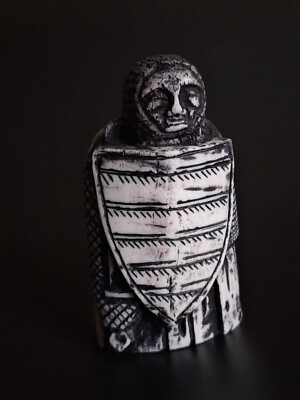 MEDIEVAL CHESS: Antique Rook chess piece, depicting warrior in chainmail, Bone