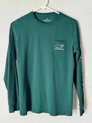 EXC MENS S 40 GREEN VINEYARD VINES WHALE OUTLINE LONG SLEEVE POCKET T-SHIRT XMAS