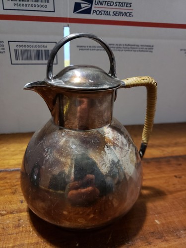 Vintage LBS CO 1866 Silver Plate tea pot pitcher Lawrence B Smith Wicker Handle