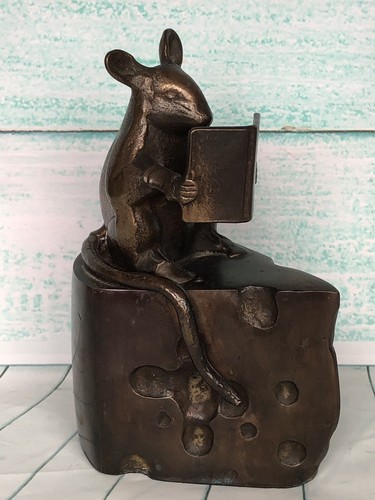 Bronze Doorstop Mouse Reading a Book Sitting on Cheese Door Stop