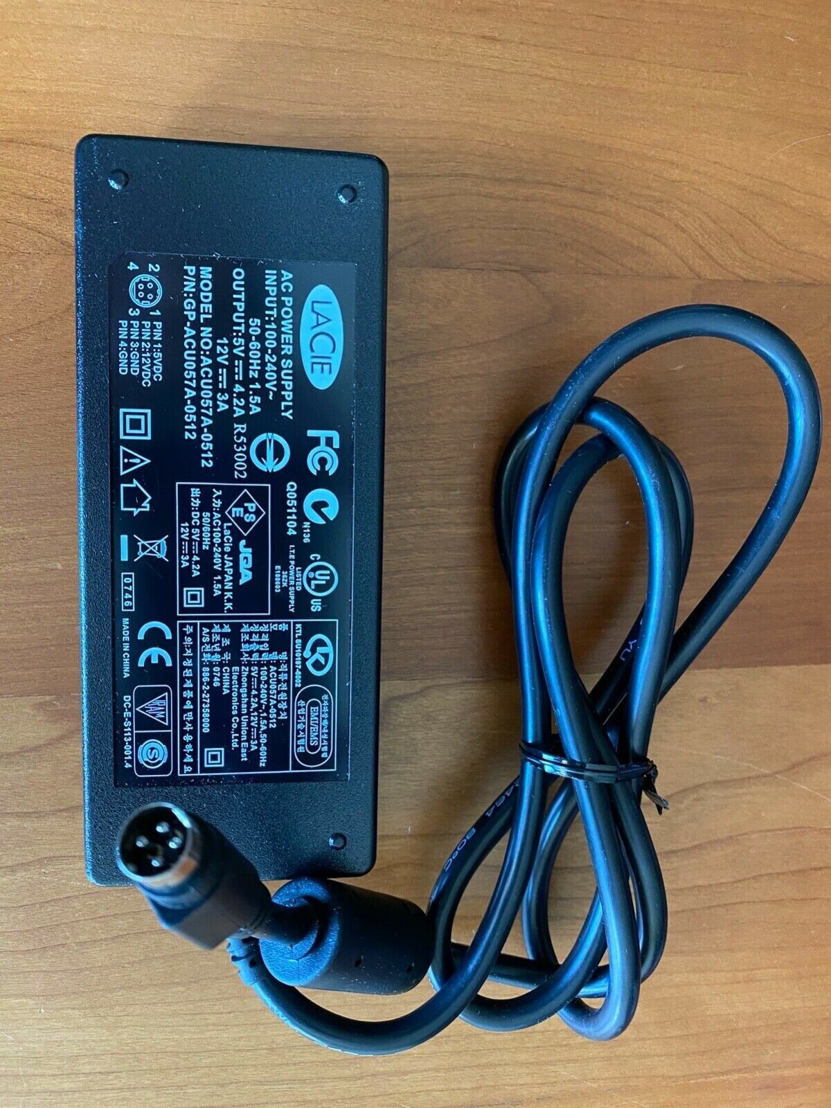 Genuine 4-Pin LACIE ACU057A-0512 Hard Drive AC DC Adapter Power Charger Supply