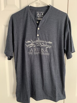 Sea Man Henley Shirt Mens Large Blue Embroidered Fish Aruba One Happy Island