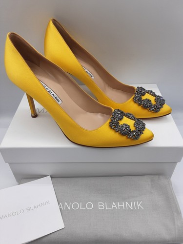 Pre-owned Manolo Blahnik Hangisi 90 Yellow Satin Jewel Buckle Pumps Heels Eu 37 Us 7 $1195