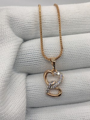 18K 18Ct Gold Filled 18  Box Chain, Necklace & Double Heart CZ Crystal Pendant