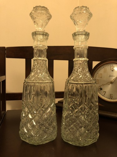 Large Vintage Crystal Glass Pattern Decanter Set Of 2 Matching Identical